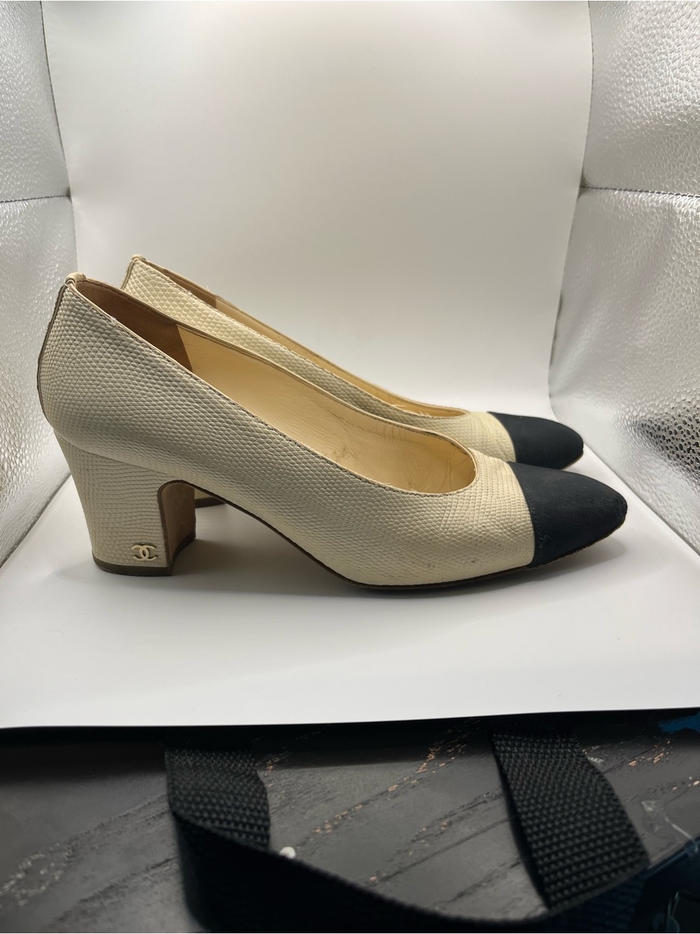 CHANEL Cream and Black Cap-Toe Mid Block Heel Pumps